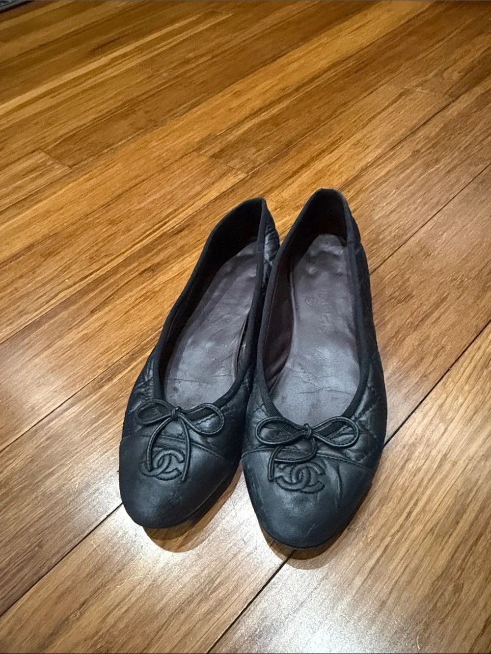 Chanel Size 37.5 Black Aged Calfskin Ballerina Flats
